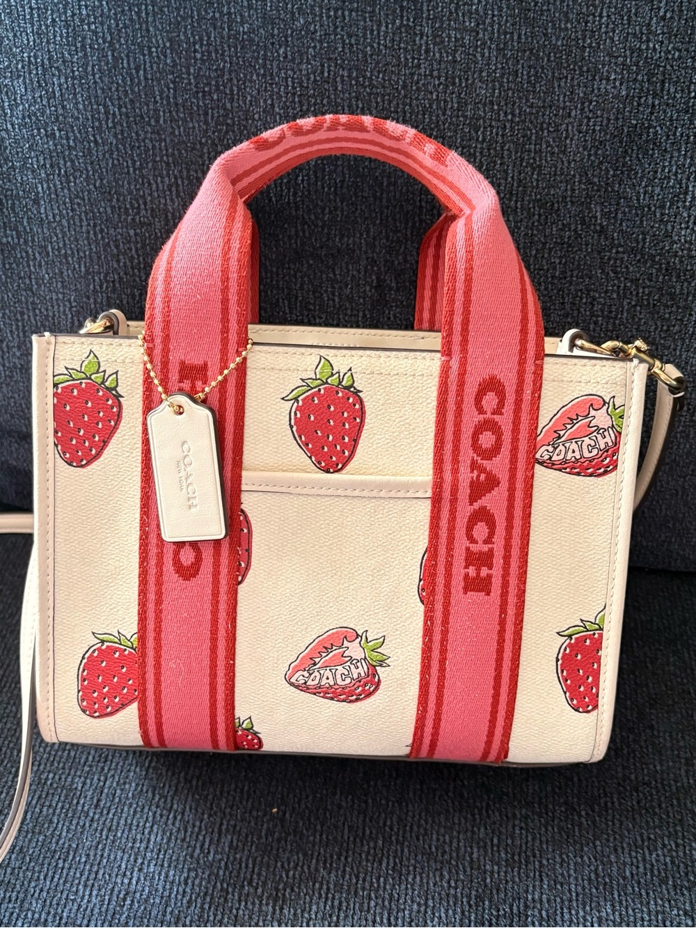 COACH Strawberry Print Coated Canvas Smith Tote in Cream and Red
